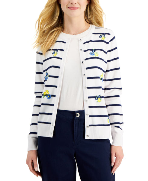 Charter Club Womens Embroidered Button Cardigan